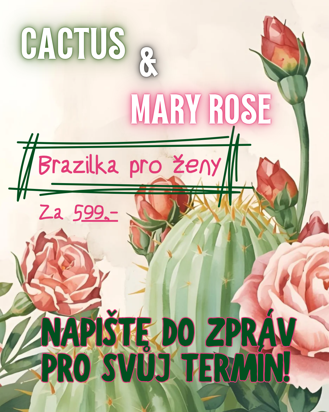 Reklamní obrázek: Brazilská depilace pro ženy za 599 Kč v salonu Mary Rose. Výzva k objednání termínu.